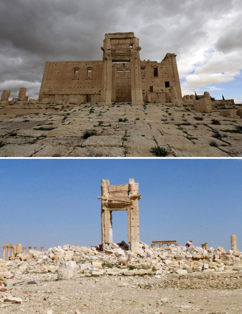 Combinación de imágenes que muestra cómo era el icónico templo de Bel y cómo quedó después tras ser volado por el Estado Islámico. (JOSEPH EID, MAHER AL MOUNES / AFP)