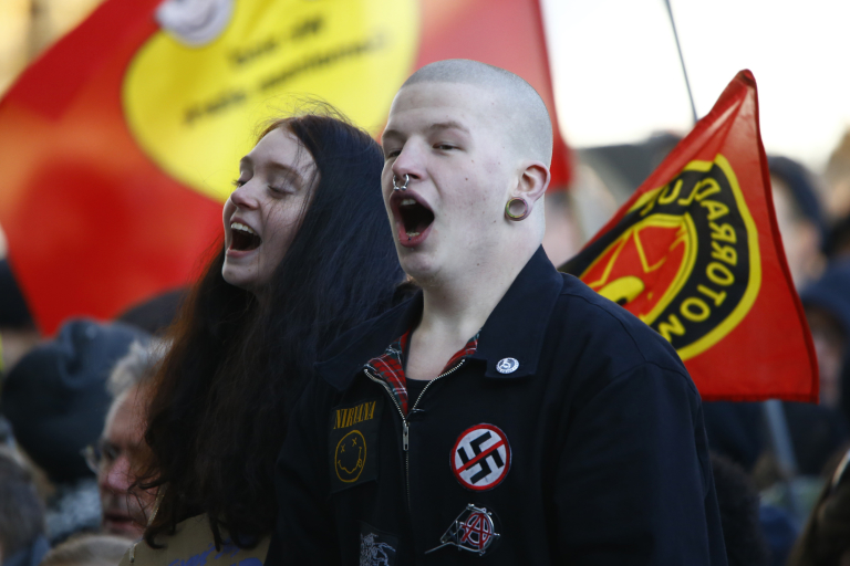 Opponents of anti-immigration right-wing movement PEGIDA protest in Cologne