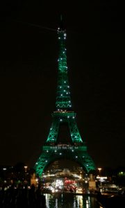 La Torre Eiffel se iluminó de verde para celebrar el éxito del Acuerdo de París. (Jackie Naegelen/Reuters)