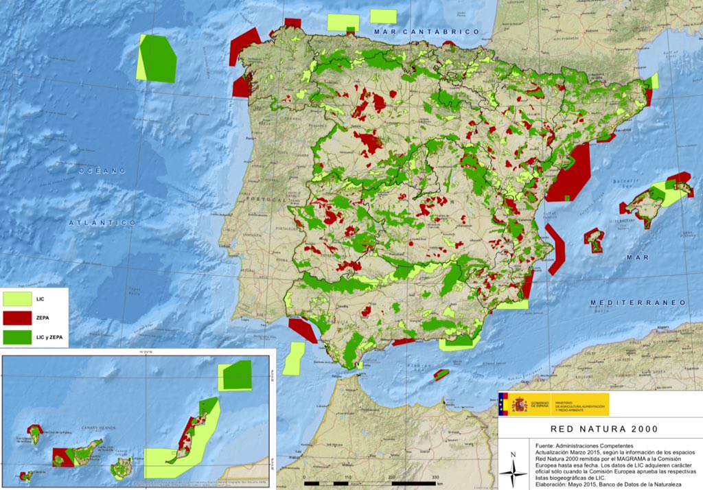Mapa de los espacios de la Red Natura 2000 en España. Actualización de marzo de 2015 / Imagen: MAGRAMA
