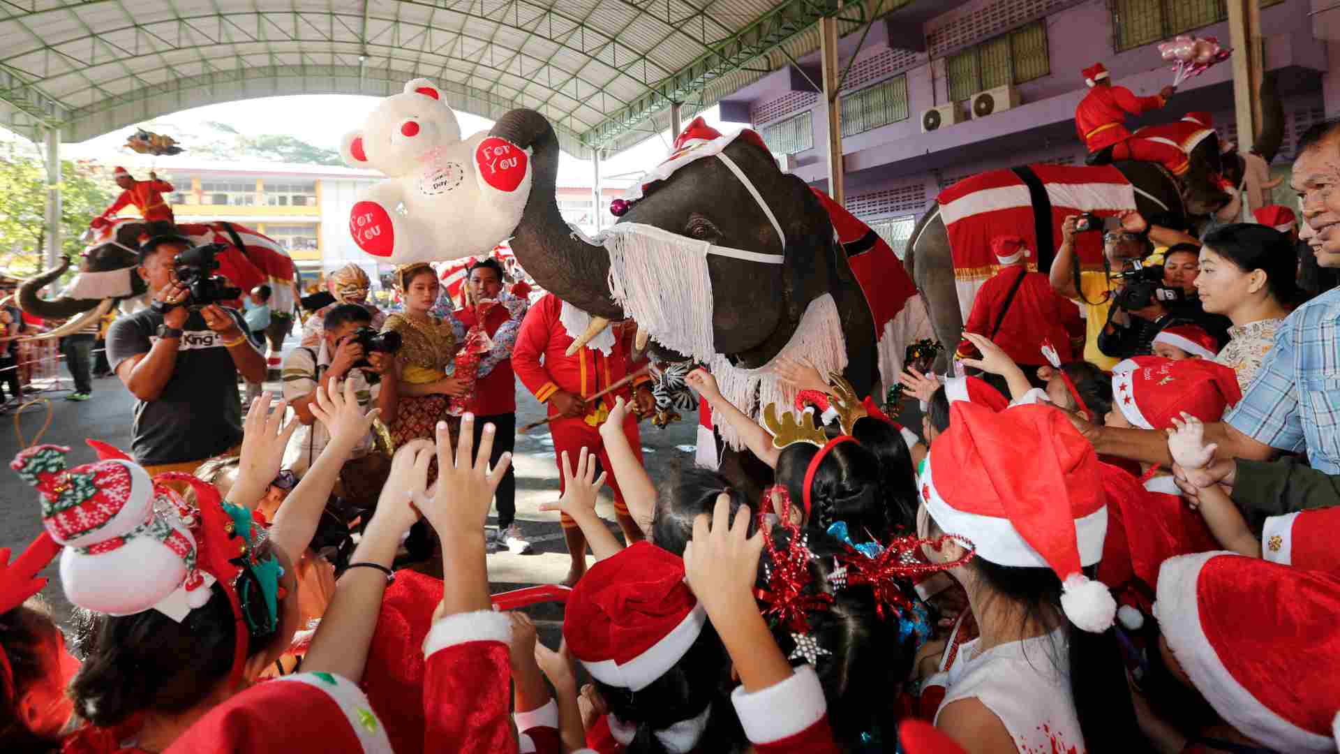 Elefantes vestidos de Papá Noel reparten regalos en Tailandia
