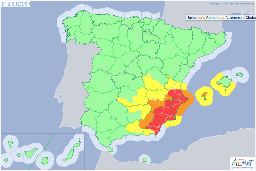 Aviso rojo en Andalucía, Murcia y Comunidad Valenciana por la gota fría