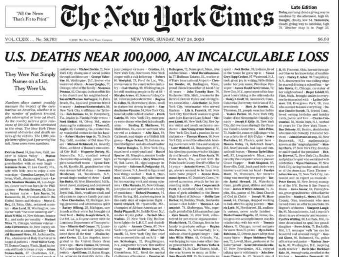 La conmovedora portada del New York Times en homenaje a las 100.000 víctimas mortales por coronavirus en EEUU