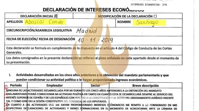 Las Cortes revisarán la fórmula utilizada por Vox en sus declaraciones de intereses económicos