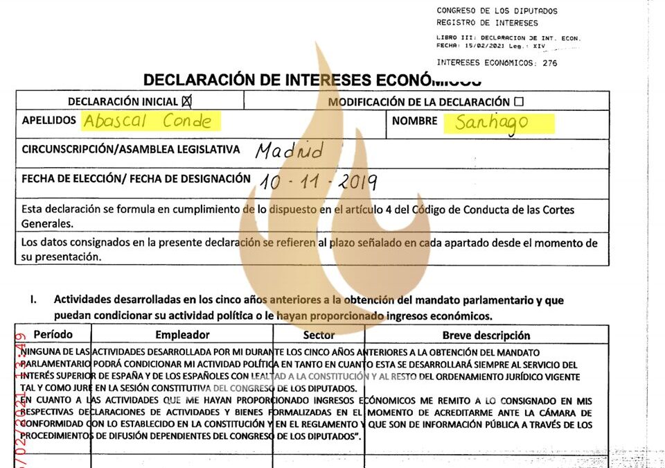 Las Cortes revisarán la fórmula utilizada por Vox en sus declaraciones de intereses económicos