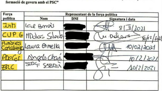 Los partidos independentistas se comprometen por escrito a no pactar con el PSC