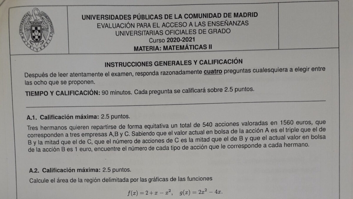 El polémico examen de Matemáticas II de la EvAU madrileña del que todo el mundo habla