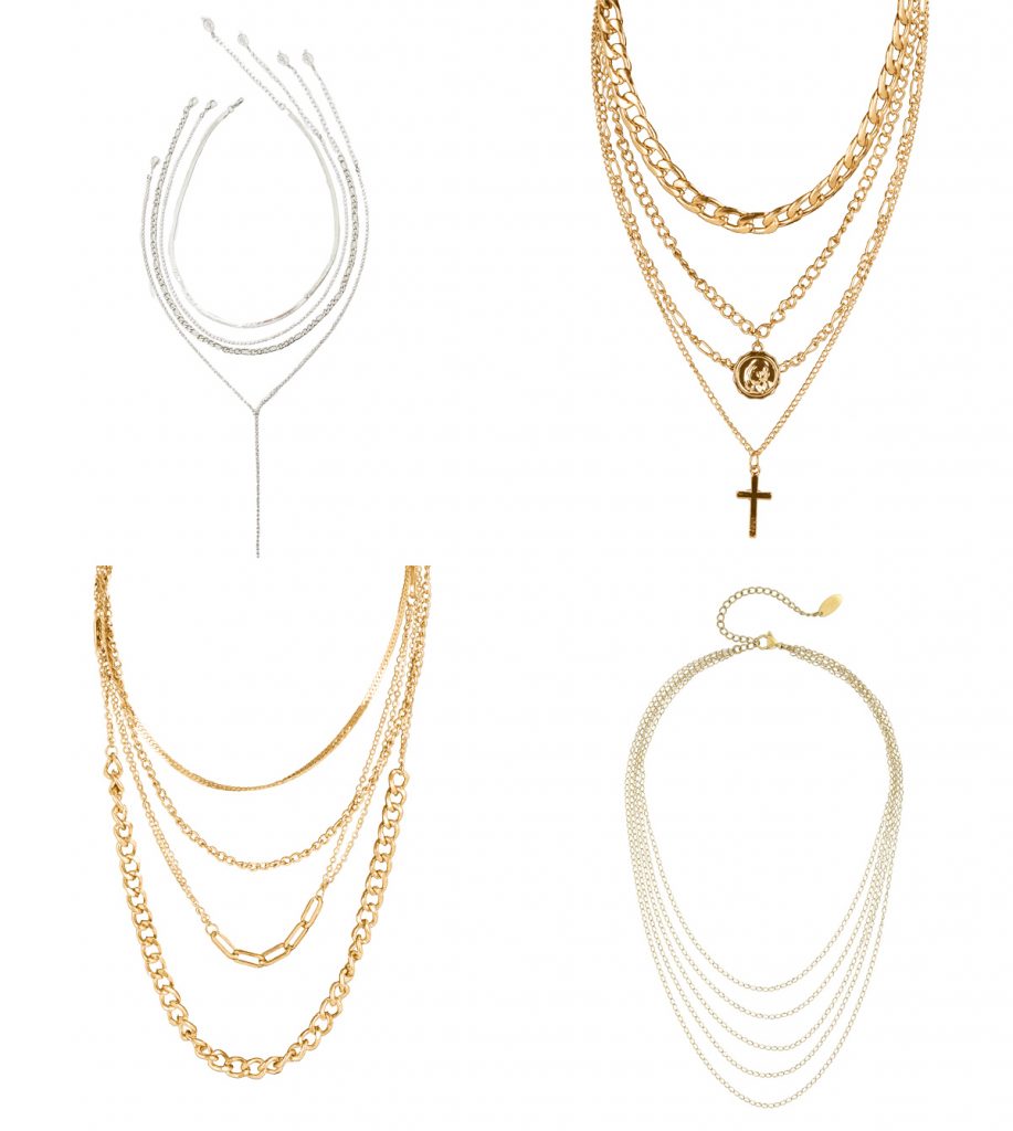 STRADIVARIUS Mix de collares (PVP: 7.99€) // JOYS Collar dorado con medalla y cruz (PVP: 9.99€) // JOYS Collar dorado con eslabones (PVP: 11.99€)// BIJOU BRIGITTE Collar con minicadenas (PVP: 19.95€)