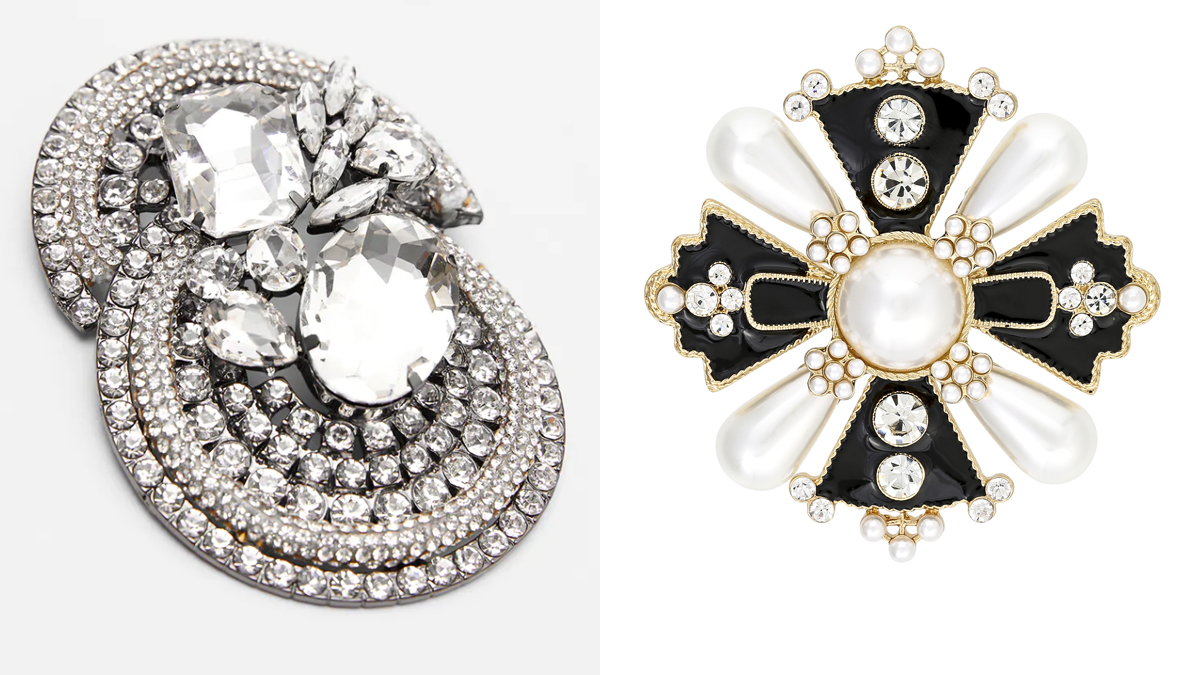 ZARA Broche de brillantes (PVP: 15.95€) // BIJOU BRIGITTE Broche con forma de cruz en blanco y negro (PVP: 9.95€)