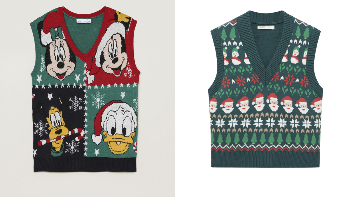 LEFTIES Chaleco con personajes de Disney // PULL & BEAR Chaleco verde con grecas navideñas