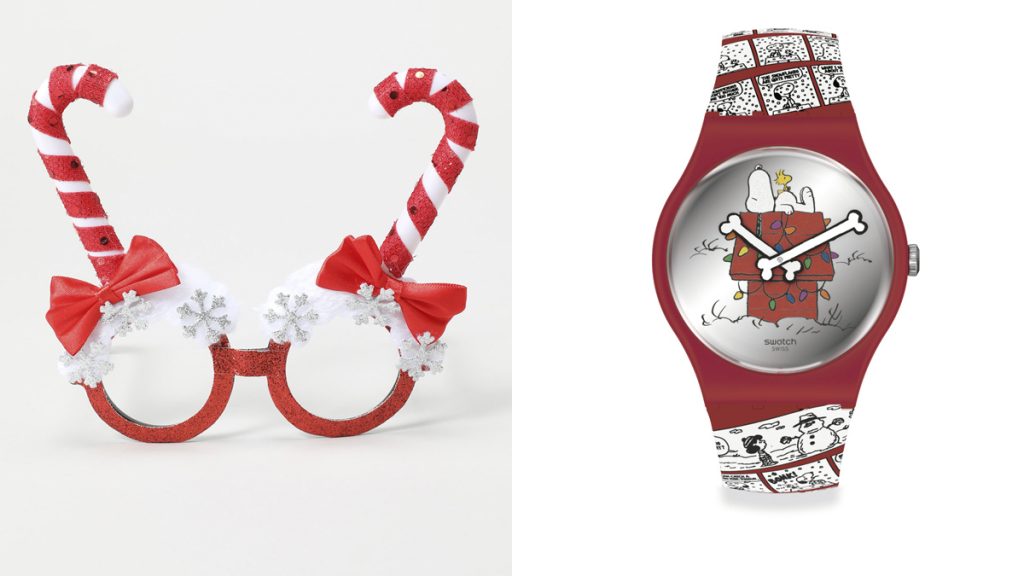 LEFTIES Gafas rojas con bastones de caramelo // SWATCH Reloj con dibujo de Snoopy