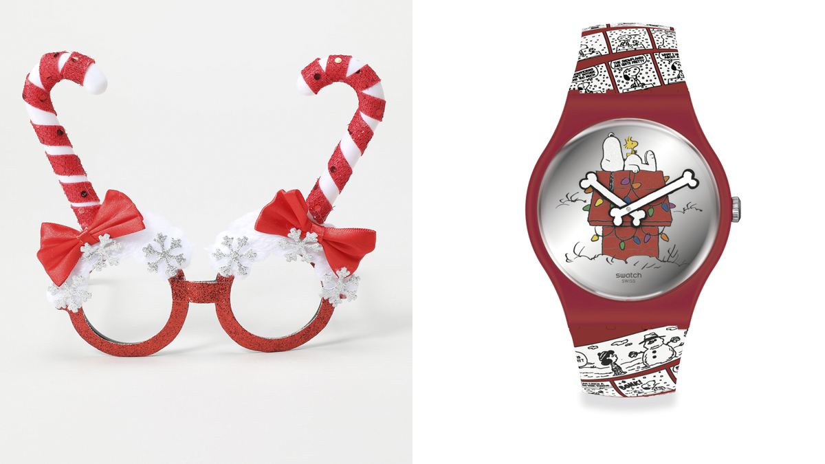 LEFTIES Gafas rojas con bastones de caramelo // SWATCH Reloj con dibujo de Snoopy