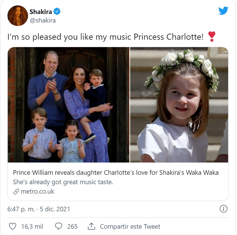 Shakira ha reaccionado a las palabras del príncipe, dedicándole un tweet a Carlota (Twitter)