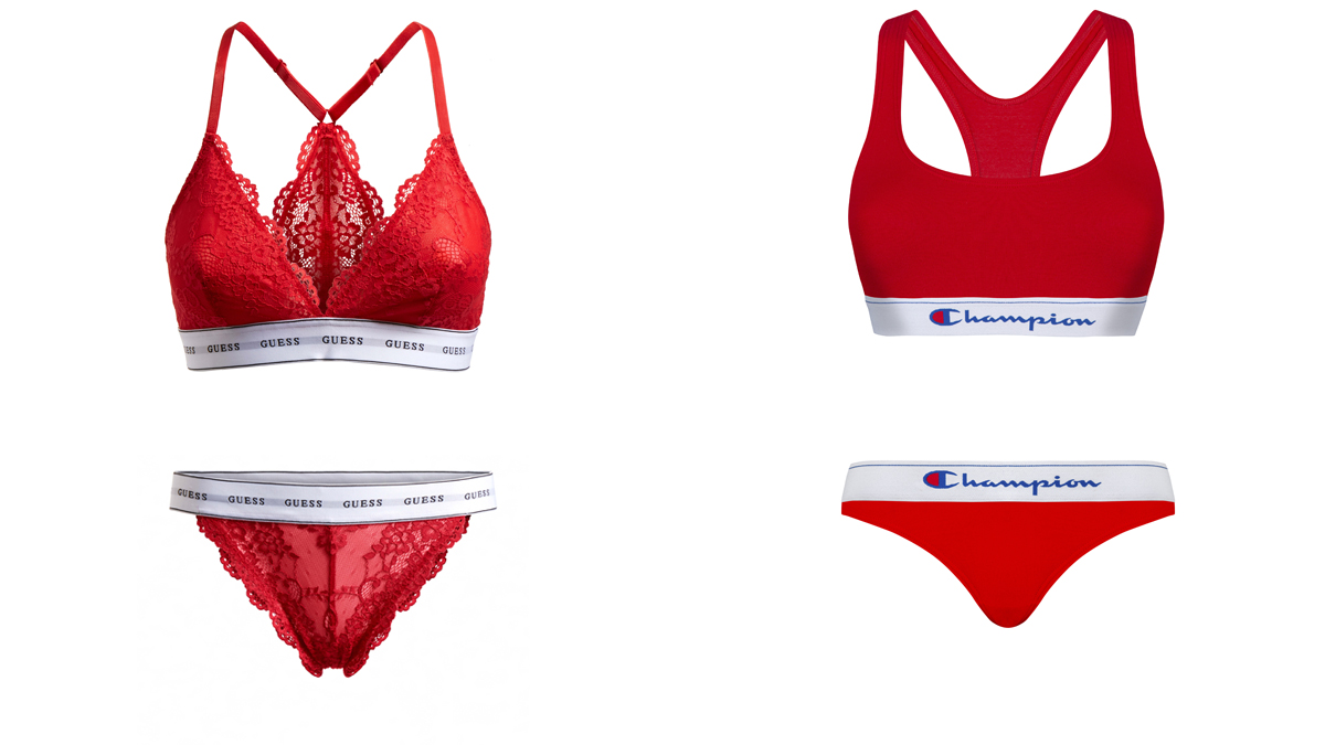 GUESS Lencería roja de encaje // CHAMPION Conjunto deportivo con cinta blanca