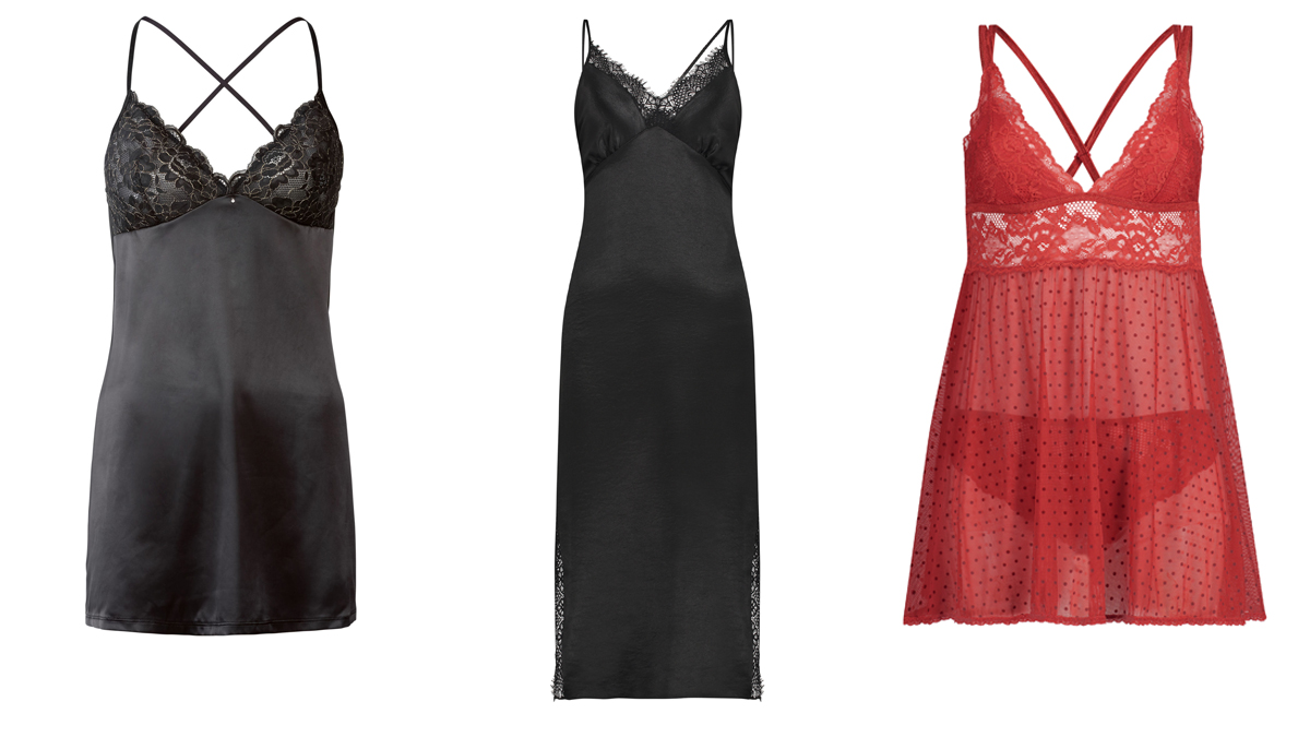 LIDL Camisón negro corto // HUNKEMÖLLER Camisón negro largo // HUNKEMÖLLER Camisón rojo con transparencias