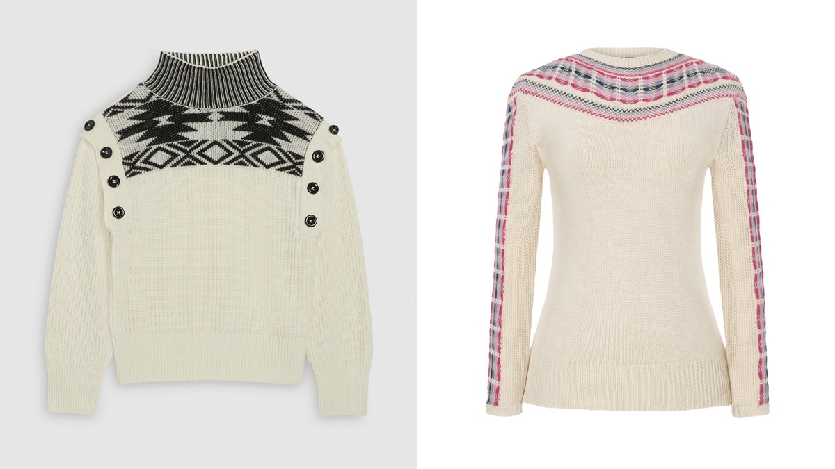 Jersey blanco con print negro de Claudie Pierlot y diseño con greca multicolor de Highly Preppy