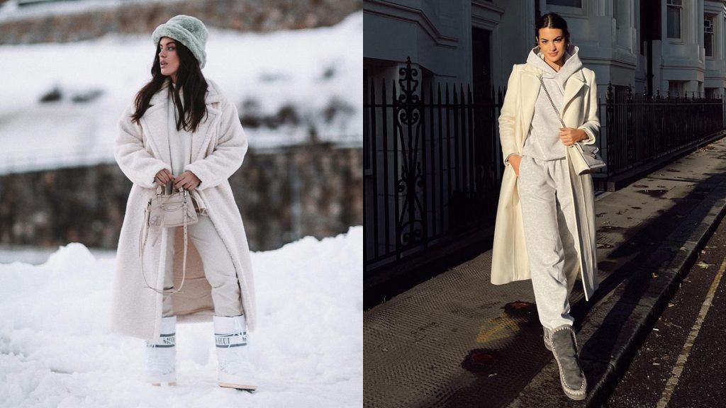 Dulceida (@dulceida) en la nieve con total look blanco y Marta Lozano (@martalozanop) con outfit après ski en el mismo tono