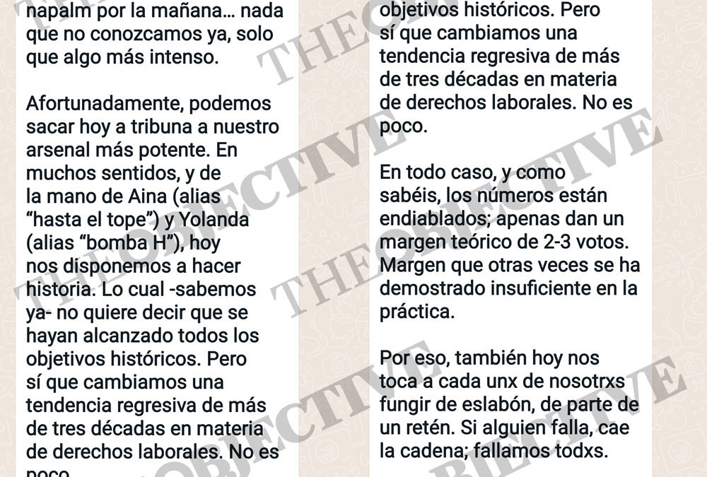 El SMS con el que Podemos arengó a sus diputados antes de la reforma laboral: «Si falla uno, caemos todos»