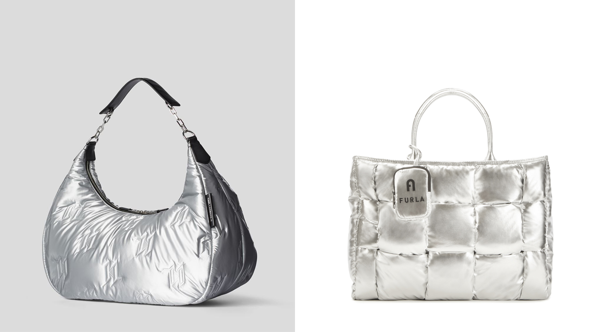 Bolso plateado con asa negra de Karl Lagerfeld y bolso acolchado en plata de Furla