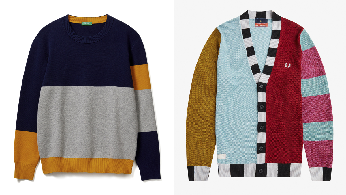 Jersey marino, gris y mostaza de Benetton y cárdigan multicolor de Fred Perry