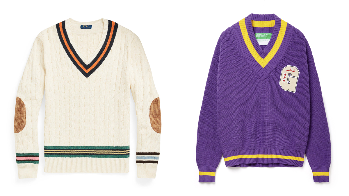 Diseño en blanco de Polo Ralph Laurent y jersey morado con franjas amarillas de Benetton