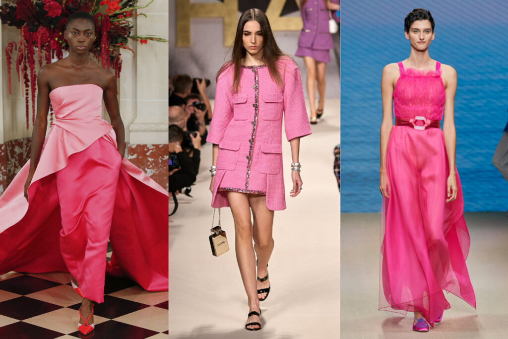 De izquierda a derecha: diseños de Carolina Herrera, Chanel y Giorgio Armani