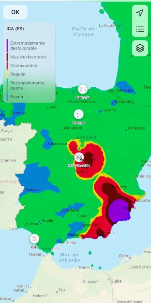 Mapa con las ciudades de España a las que más ha afectado la lluvia de barro (calima)