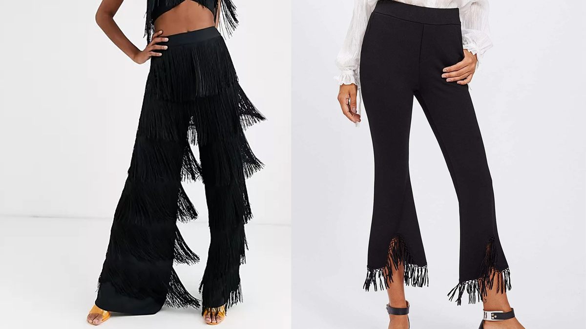 Diseño con cascada de flecos de Asos y pantalones negros con bajo de flecos de Shein