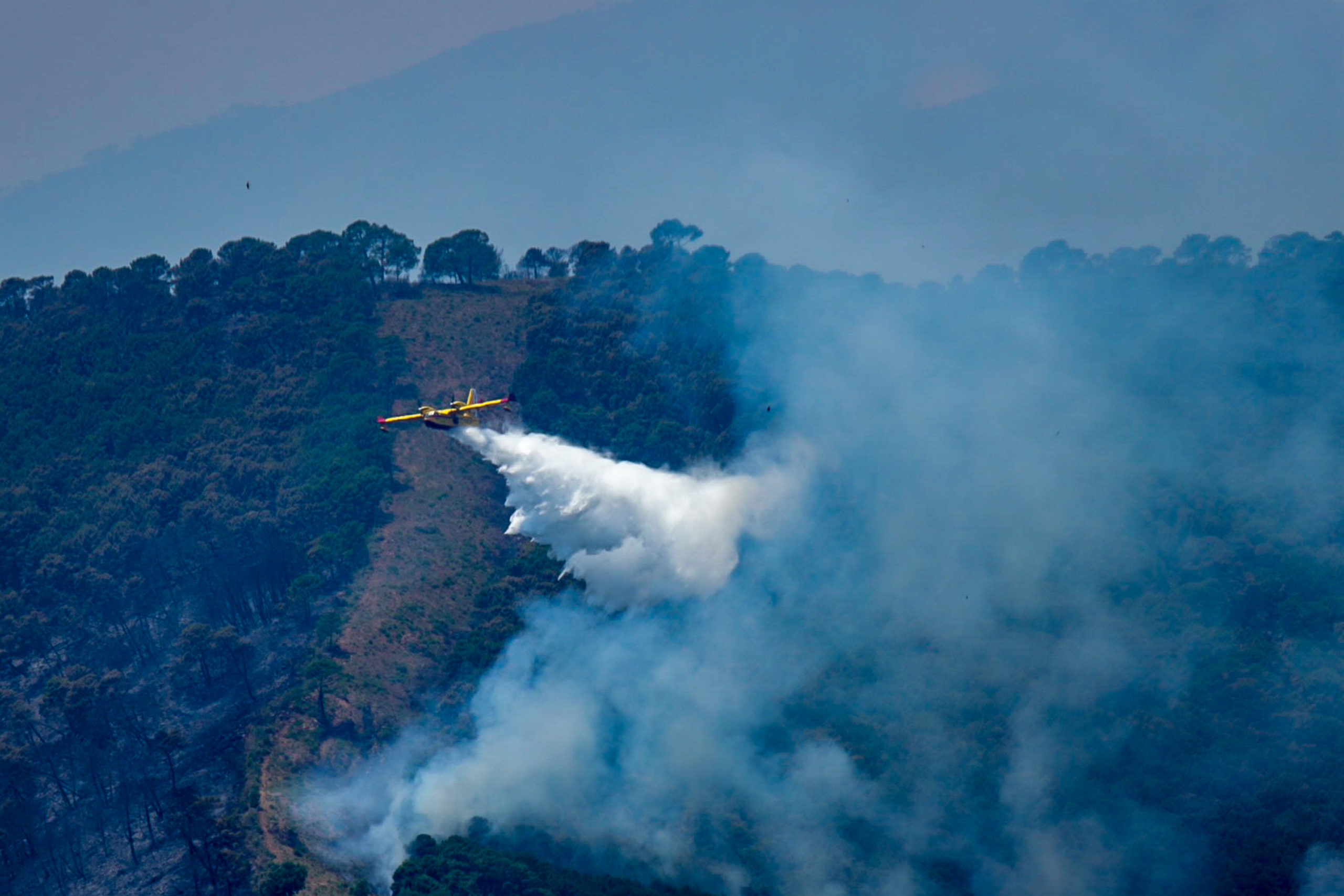 Los hidroaviones tratan de sofocar el incendio forestal de Ujué (Navarra)