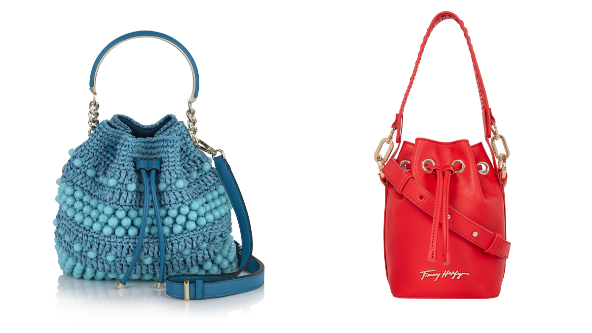 JIMMY CHOO Bombonera color azul // TOMY HILFIGER Bolso rojo con logo dorado