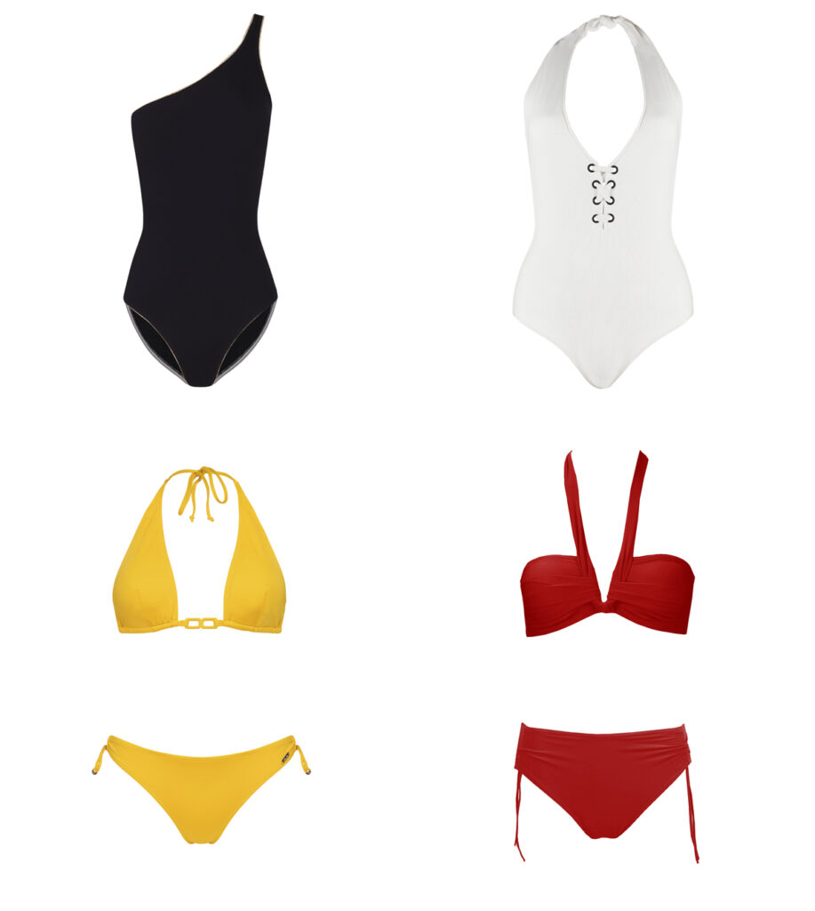 BO STAR Bañador negro asimétrico // COMELLE Bañador blanco con cordones // DOLORES CORTÉS (A la venta en laCorsetera) Bikini naranja // RED POINT Bikini rojo
