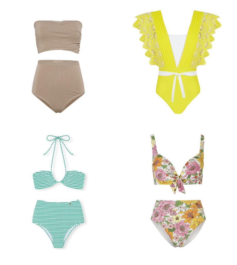 POMANDÊRE Bikini gris // ALAWA Bañador amarillo con volantes // BOHODOT Bikini con rayas azules // C&A Bikini con estampado de flores