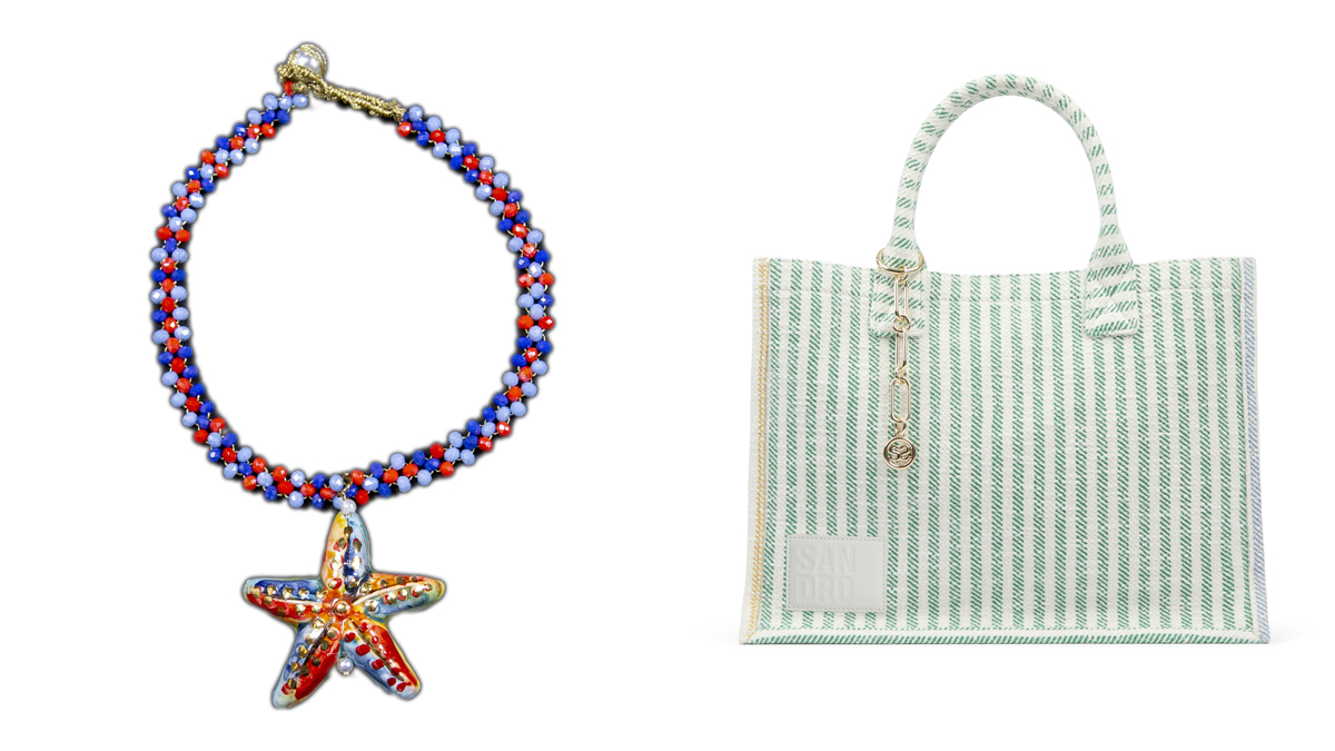 CASHFANA Pulsera con estrella de mar multicolor // SANDRO Bolso de rayas azules