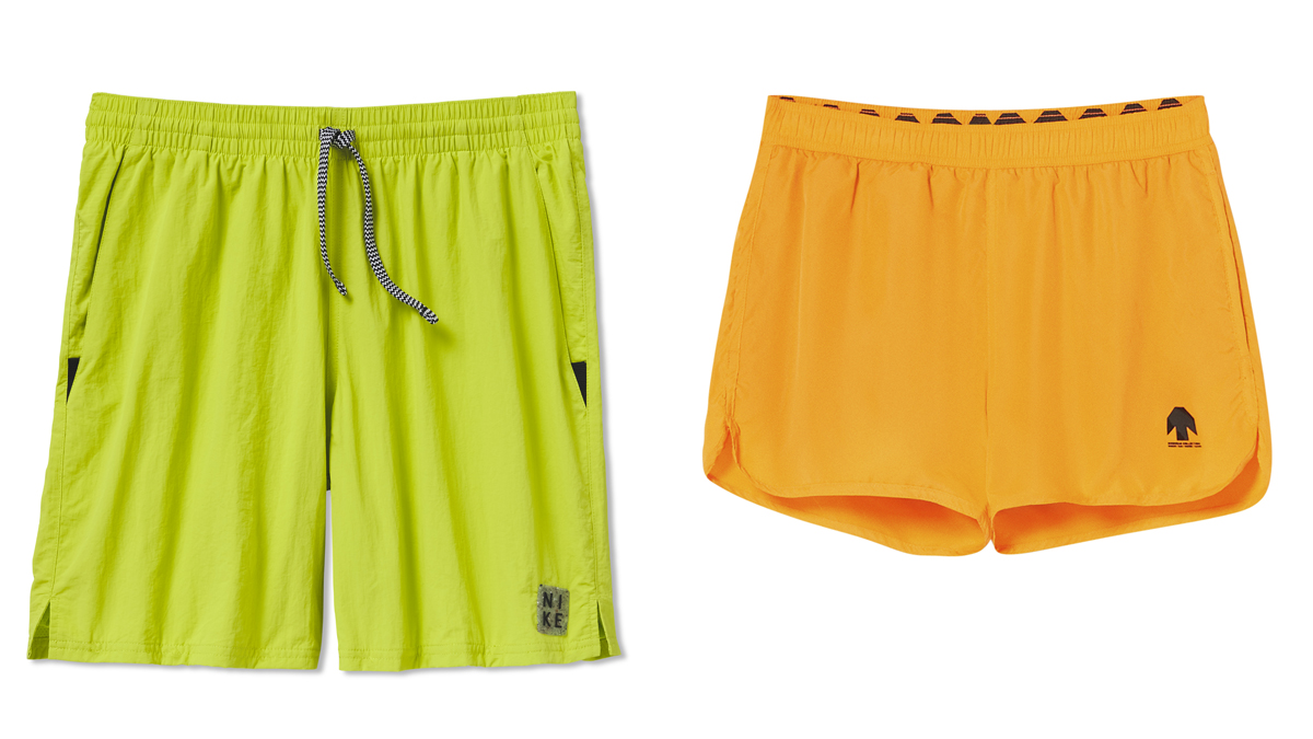 NIKE Bañador color lila // BERSHKA Diseño corto en naranja fluorescente