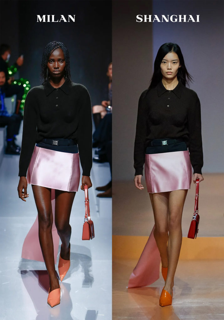 Desfiles de Prada con minifalda inspirada en la estética de los años 90