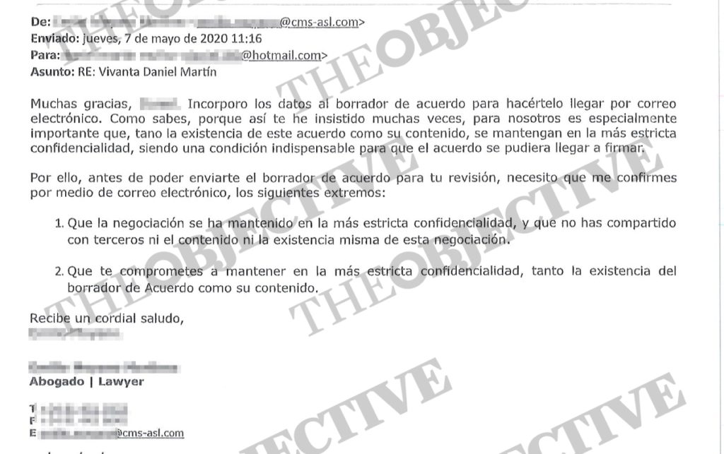 E-mail enviado por el principal abogado de Vivanta y Portobello con un borrador del contrato de confidencialidad. 