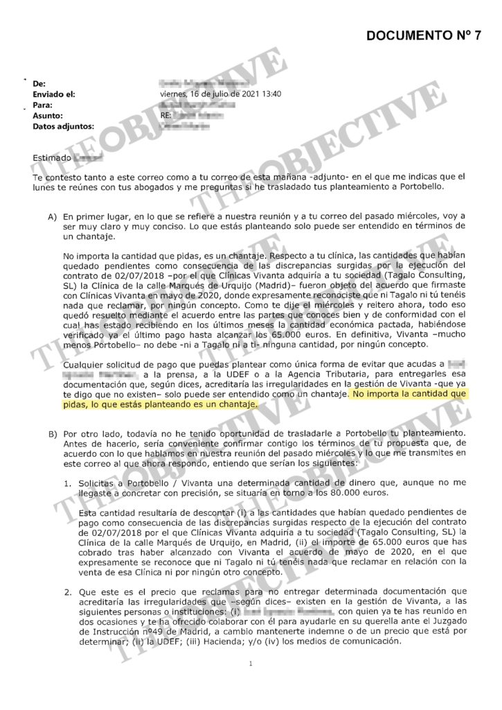 E-mail del abogado de Vivanta y Portobello acusando de «chantaje» al dueño de Tagalo Consulting