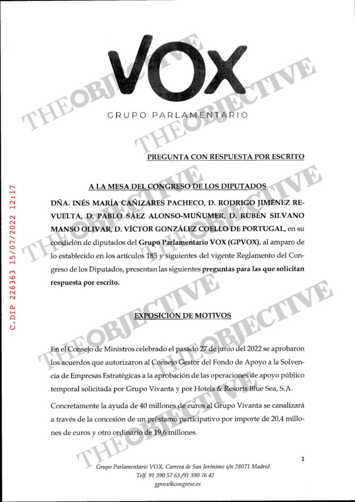 Haga clic aquí para acceder a la pregunta de Vox sobre el rescate a Vivanta y Hotels & Resorts Blue Sea