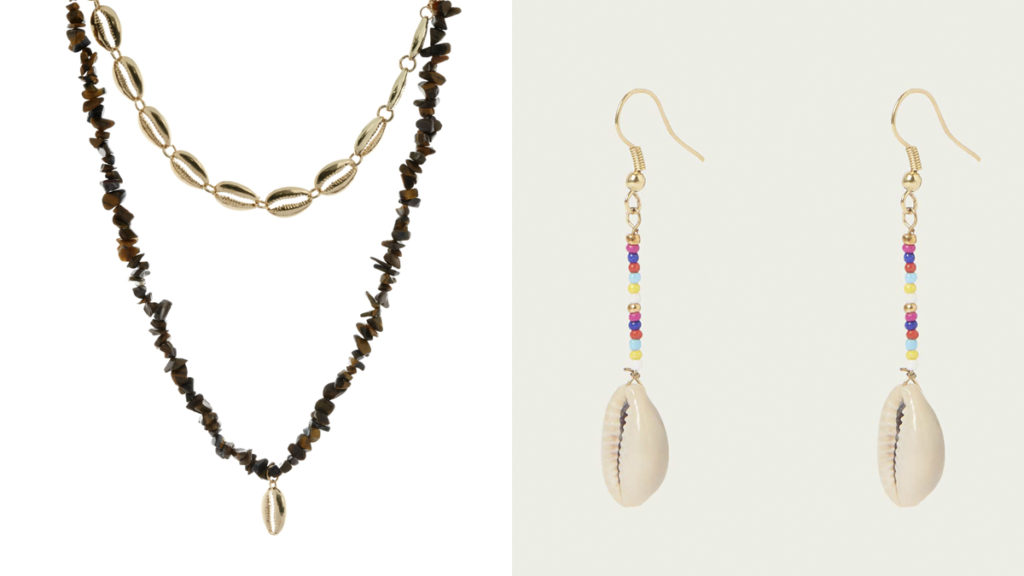 ALEXAH Collar doble con conchas metalizadas // BROWNIE Pendientes colgantes con conchas y cuentas de colores