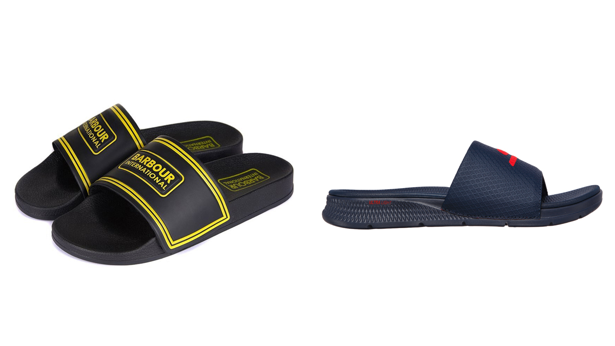 BARBOUR Chanclas marino con logotipo en amarillo // SKECHERS Sandalia azul con dibujo rojo