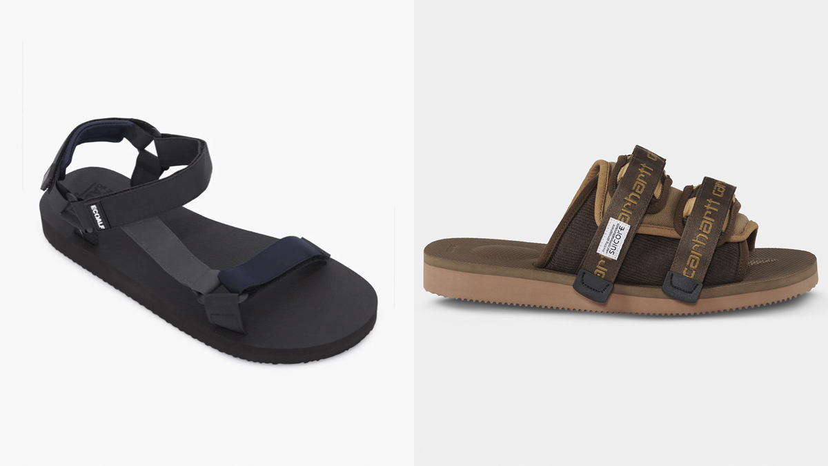 ECOALF Sandalia de tiras en colores azul y gris // CARHARTT WIP Chanclas marrones con cierre de velcro