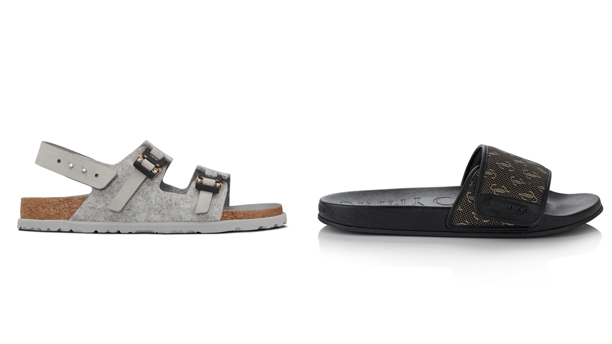 BIRKENSTOCK PARA DIOR Sandalia gris de doble tira // JIMMY CHOO Chancla de pala con estampado multilogo