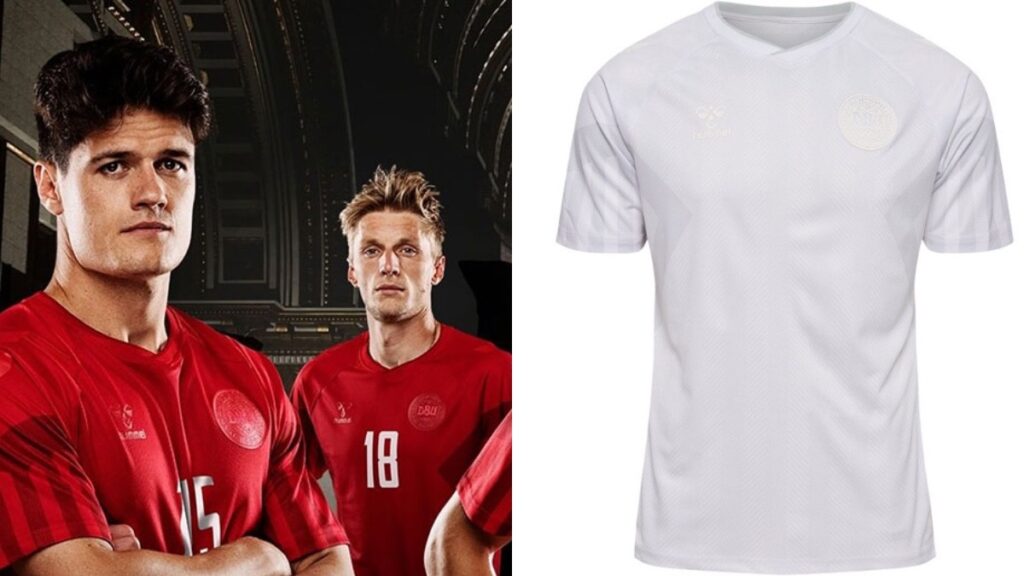 Camisetas de Dinamarca, con los logos transparentes como crítica al Mundial de Qatar 2022, diseñadas por Hummel. 