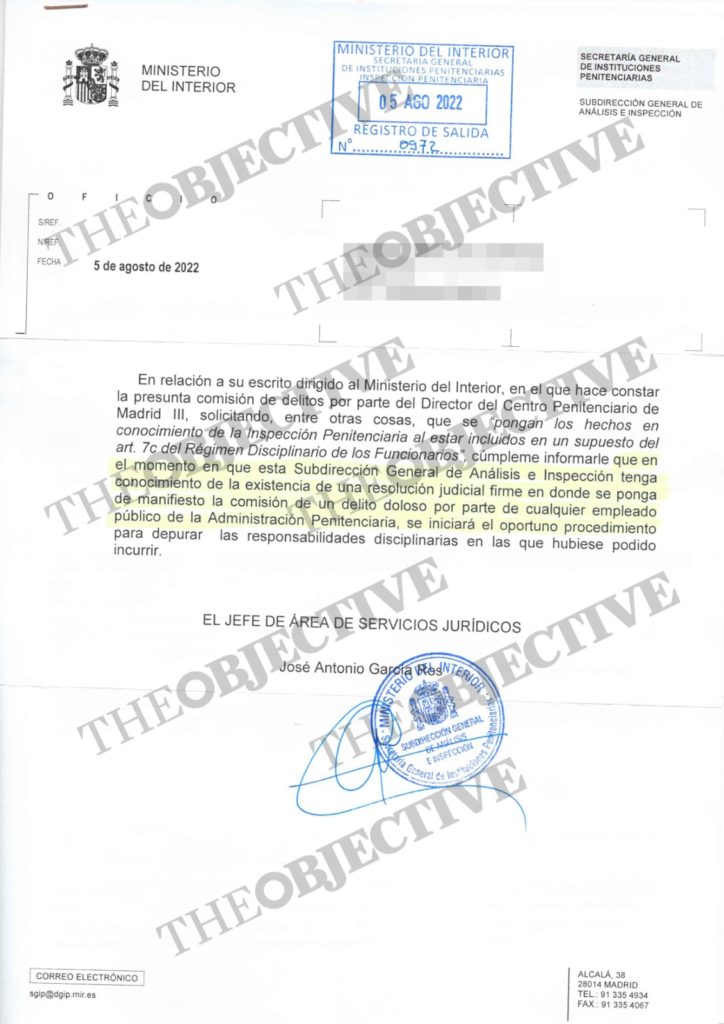Respuesta del Ministerio del Interior en la que se deniega la apertura de expediente a la dirección de la prisión de Valdemoro. 