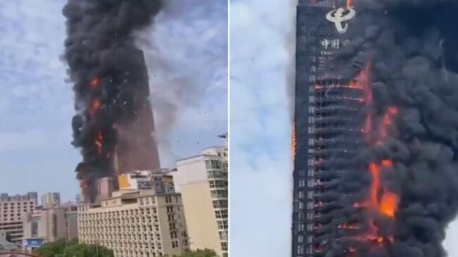 (VÍDEO) Un espectacular incendio devora un rascacielos en el sur de China
