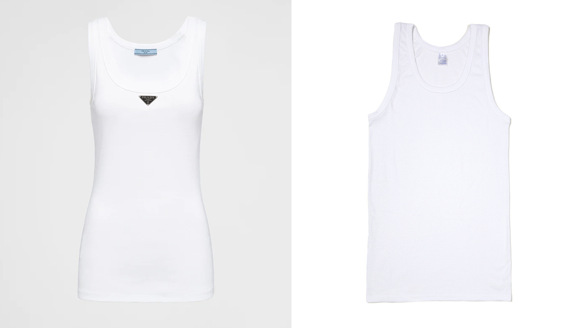 Camiseta de tirantes. Izquierda, propuesta de Prada (PVP: 690€). Derecha, modelo de Abanderado (PVP: 10,60€)