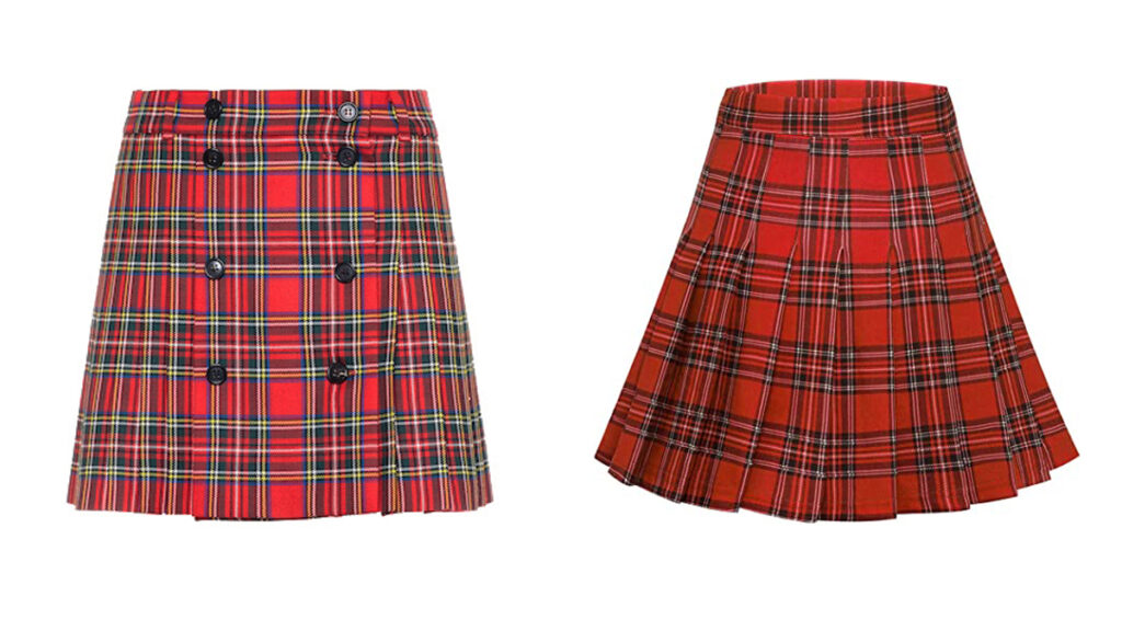 Minifaldas escocesas. Izquierda, diseño de Miu Miu (PVP: 1.190€). Derecha, modelo disponible en Amazon Fashion (PVP: 20,99€)