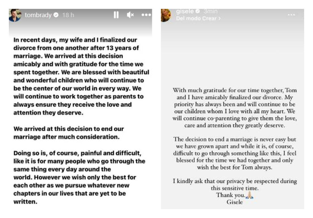 Los mensajes de Tom Brady y Gisele Bündchen en sus redes sociales