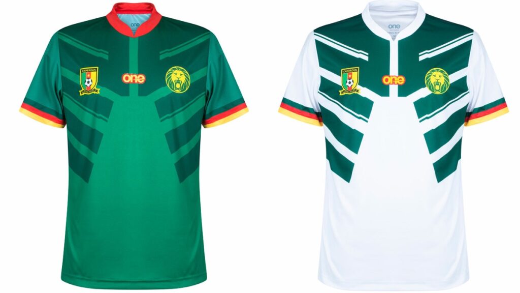 Camisetas de Camerún, que tras romper de forma sorpresiva sus contrato con la marca Le Coq Sportif, vestirá de One durante Qatar 2022.