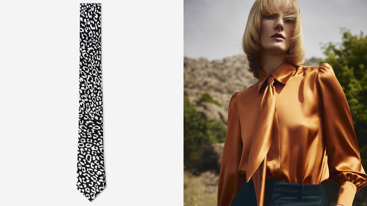 THE KOOPLES Corbata con estampado animal // MIRTO Modelo con blusa naranja 